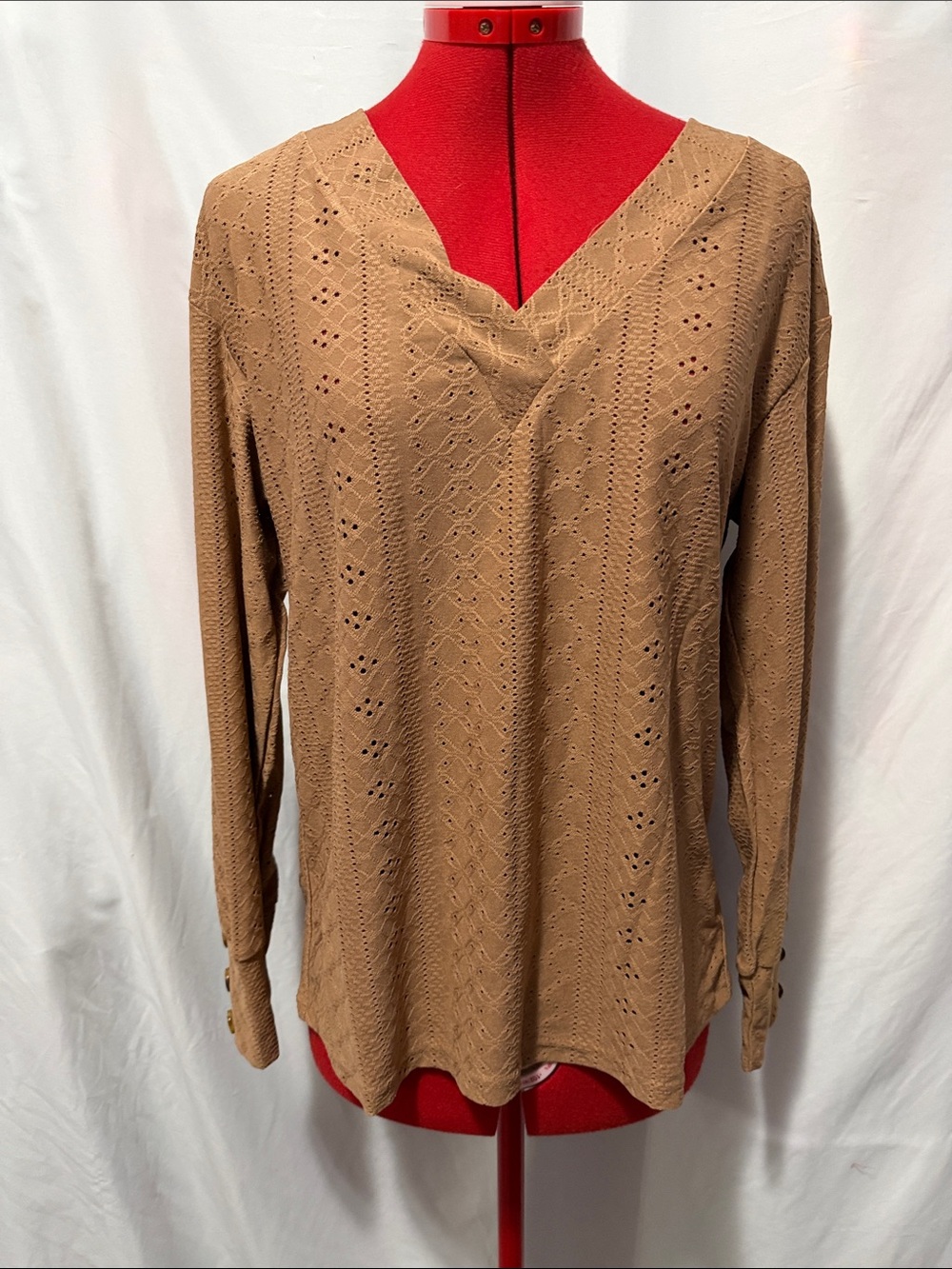 Classic Tan Eyelet V-Neck Sweater